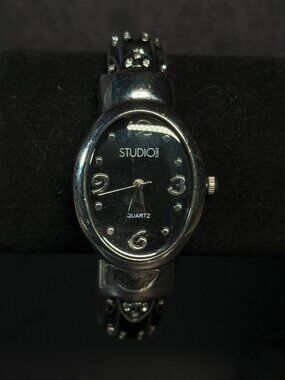 Studio Time Black Floral Cuff Watch Crystal Petals Japan Movt New Battery